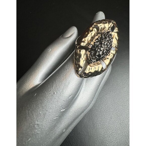 Handcrafted Hammered Brass & Black Crystals Adjustable Statement Ring Unique Boh - Picture 1 of 5